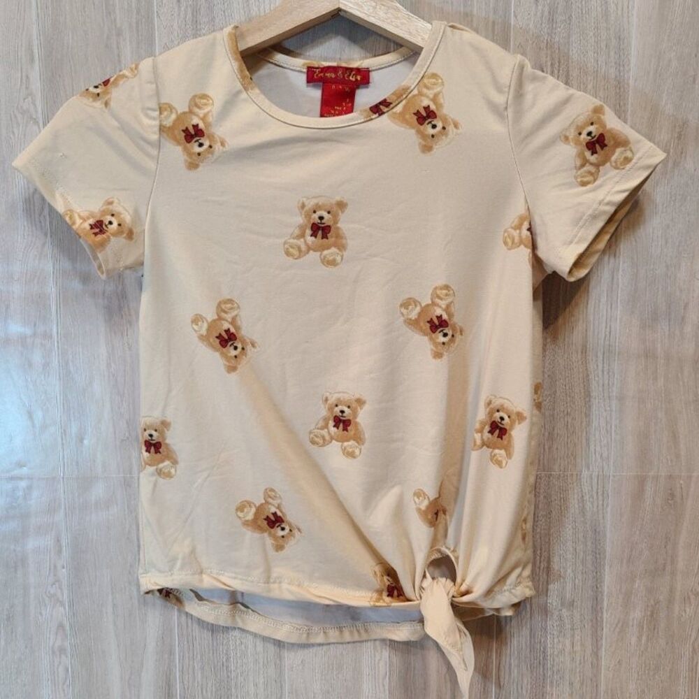 Emma & Elsa Womens M Cream Teddy Bear Graphic Tee Short Sleeve Tie Front Shirt
